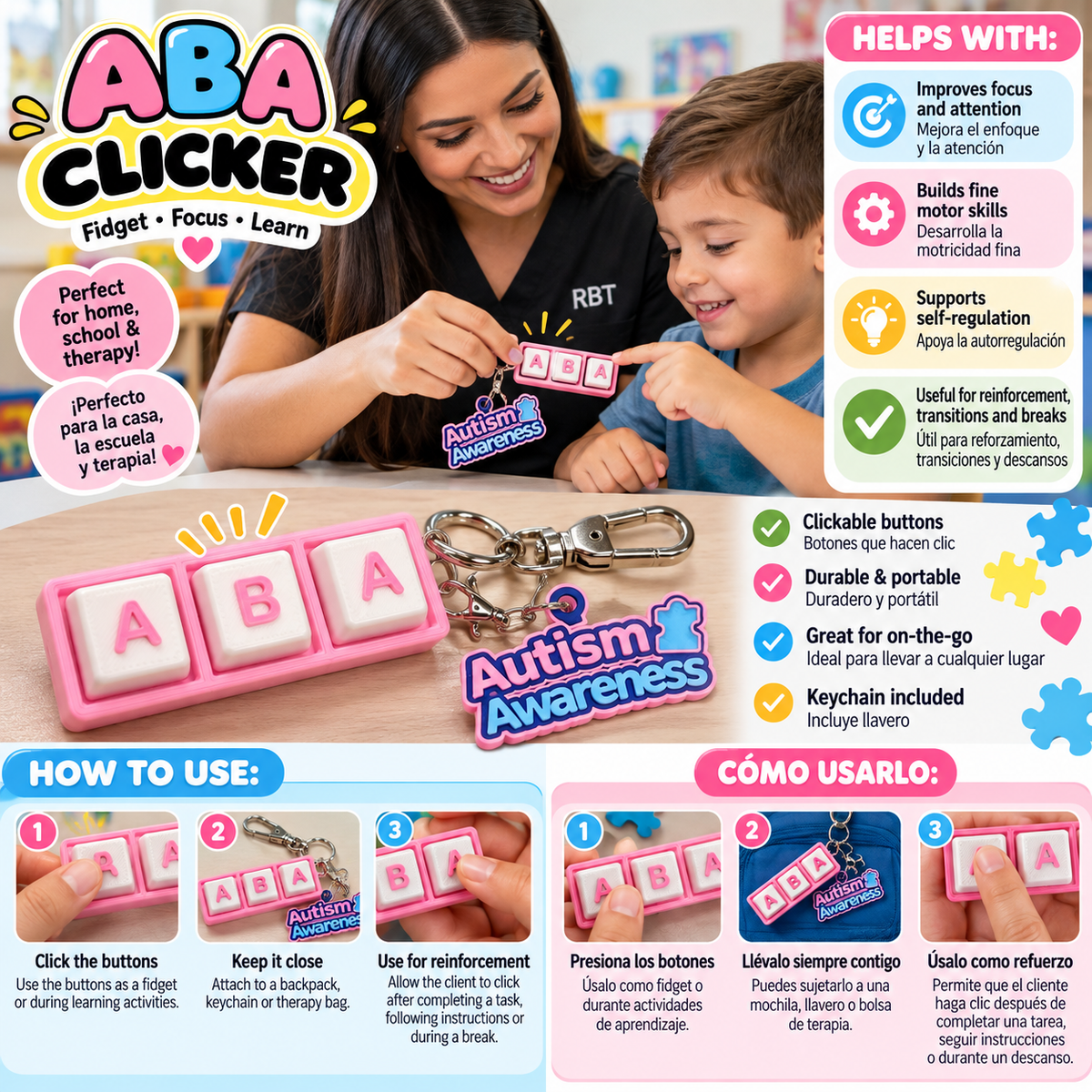 ABA Clicker Fidget Keychain – Autism Awareness Edition