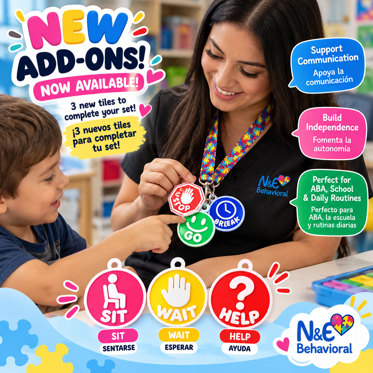 ABA Communication Keychain Tiles – 3-Piece Add-On Set | SIT • WAIT • HELP